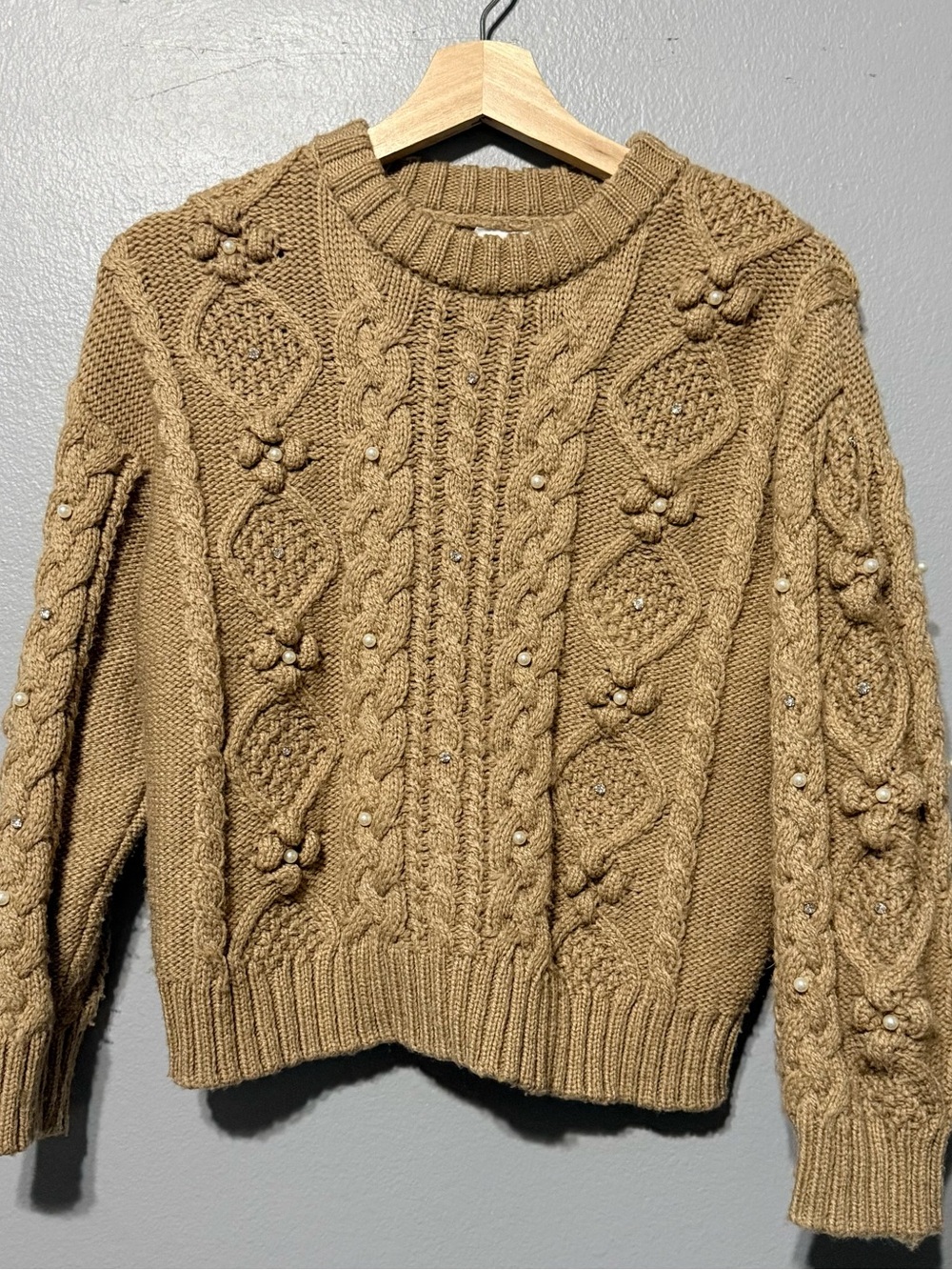 Zara Pearl-Embellished Cable Knit Sweater - Brown